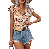 Spriolim Women's Ruffle Short Sleeve Shirt Summer Pleated V Neck Top Casual Loose Chiffon Blouses