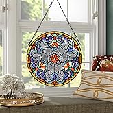 Handcrafted Stained Glass Window Panel - 12-Inch Round Floral Design with Vibrant Colors, Elegant Decorative Hanging Art for Home Décor, Includes 20-Inch Chain & Hook (Flower)