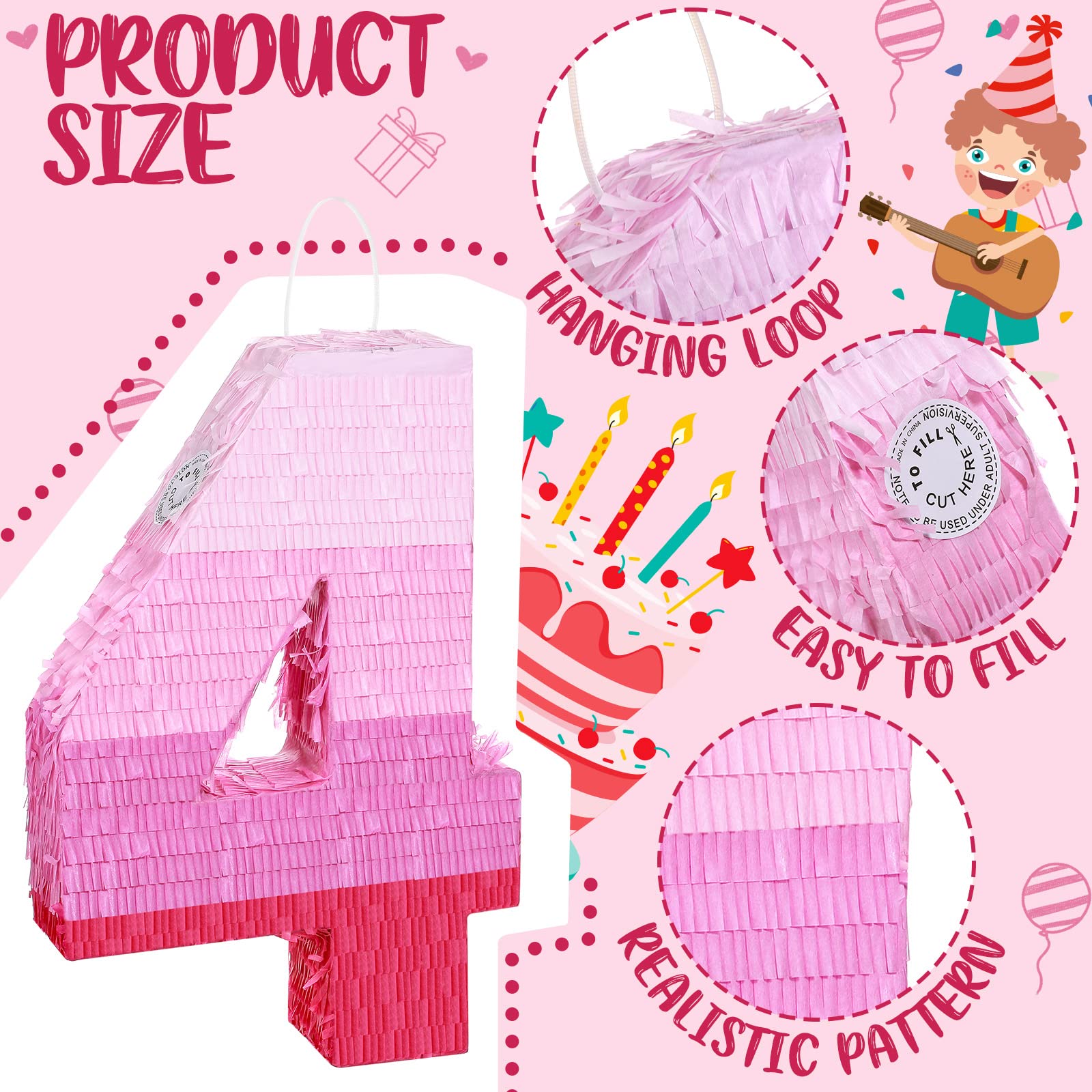 Sratte Number Piñata Pink Piñata Birthday Decorations Gradient with Stick Blindfold Confetti for Girls Boys Birthday Anniversary Party Decorations Supplies(Number 4)