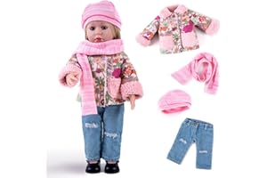 Rakki Dolli Doll Clothes 4 Piece Set includes Pink Flower Snow Jacket, Knitted Wool Hat, Scarf and Hipster Jeans Fits for 18" American Girl Dolls (Doll and shoes Not Included) 008