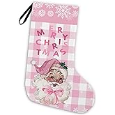 KFXHANGD Pink Plaid Santa Christmas Stocking 18 Inches, Pink Christmas Stocking, Pink Christmas Decor, Santa Xmas Stockings, Hanging Christmas Stockings for Girls Kids, Pink Fireplace Decorations