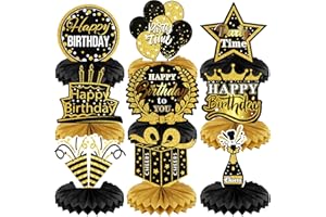 PATICOOL 9 PCS Happy Birthday Party Table Decorations | Black and Gold Birthday Center Pieces for Table | Birthday Honeycomb Table Centerpieces | Reusable Birthday Table Toppers for Girls Boys Women Men