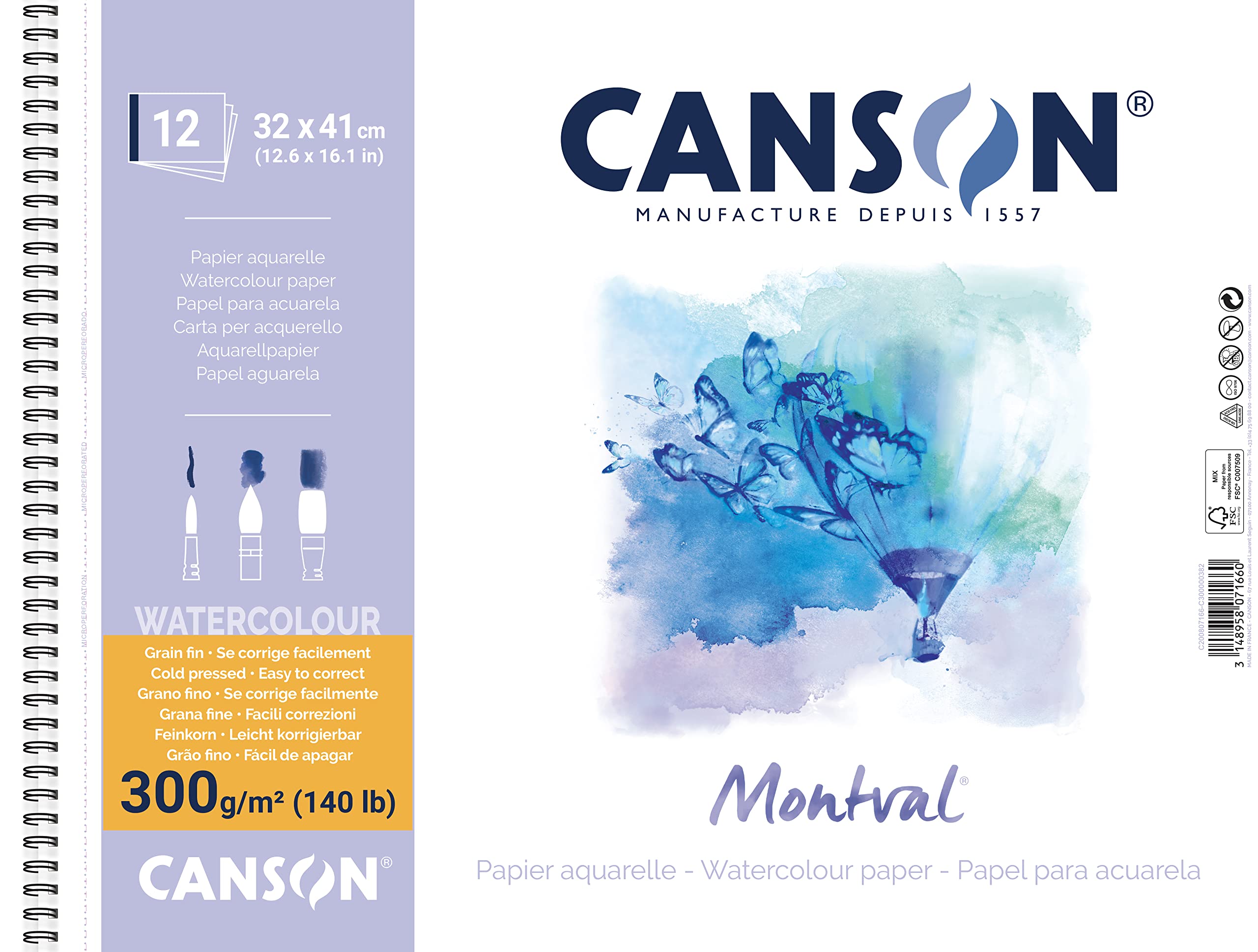 Canson Spiral-Bound Notepad AQ Montval Fine Watercolour 300 g/m² 12 Sheets per Pad Spiral on Short Side White 32 x 41 cm White