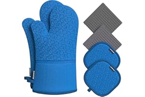 SHAWNTOO Oven Mitts and Pot Holders Set 6pcs, Kitchen Oven Glove,High Heat Resistant 550 Degree Extra Long Oven Mitts and Potholder with Non-Slip Silicone Surface for Cooking Baking Grilling… (Dark Blue)