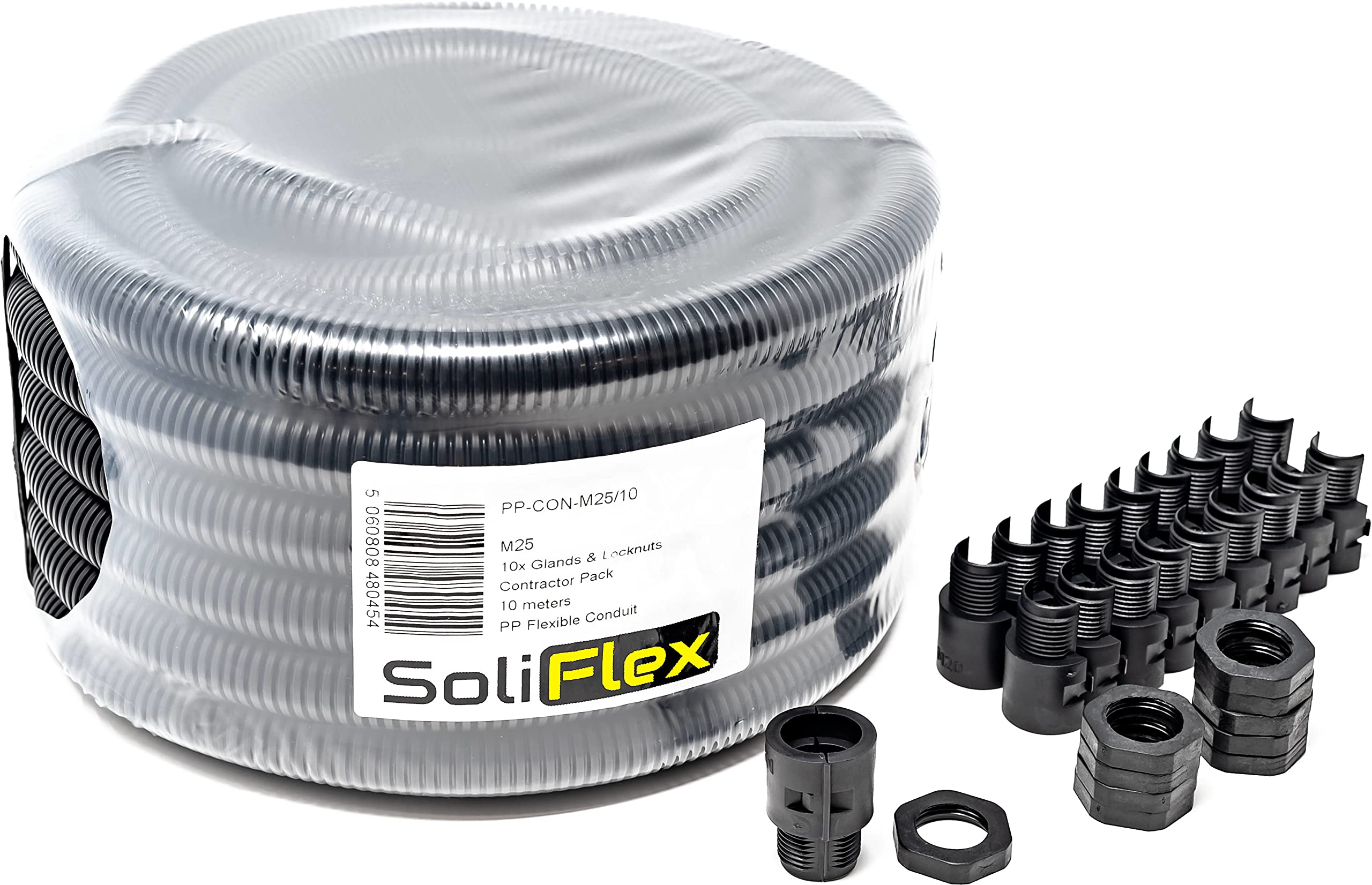 SoliFlex Flexible Conduit Outdoor Cable Contractor Pack IP40-10M Coil - Underground Burial, External Trunking, Electrical Ducting, Hose Pipe Wire Protection. w/Fittings - 10 Glands and Locknuts (M25)