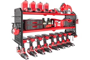 KAFAHOM Power Tool Organizer, Large 8 Drill Holder Wall Mount with 2 Side Pegboards, Heavy Duty Metal Tool Shelf with 12 Hooks, Storage Rack for Garage Organization, Utility Battery Shelves - Red