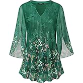 VALOLIA Women's 3/4 Sleeve Floral Tunic Tops V Neck Double Layers Loose Fit Mesh Blouses Shirt