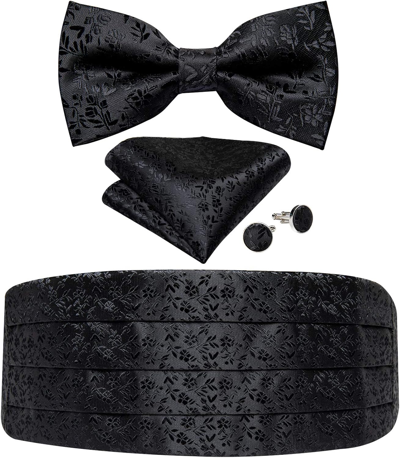 DiBanGu Black Cummerbund Pretied Bow Tie Pocket Square Cufflinks Set