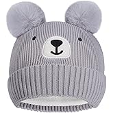 KDVOG Baby Cute Bear Beanie with Pompom, Infant Toddler Warm Knitted Hats Winter Cap for Boys Girls