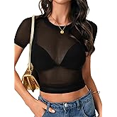 LYANER Women's Mesh Sheer Tops Short Sleeve Slim Fit Sexy Crop Top Summer See Through Shirts