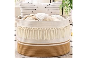 KAKAMAY Large Blanket Basket (20"x13"),Woven Baskets for storage Baby Laundry Hamper, Cotton Rope Blanket Basket for Living Room, Laundry, Nursery, Pillows, Baby Toy chest (White Fringe)