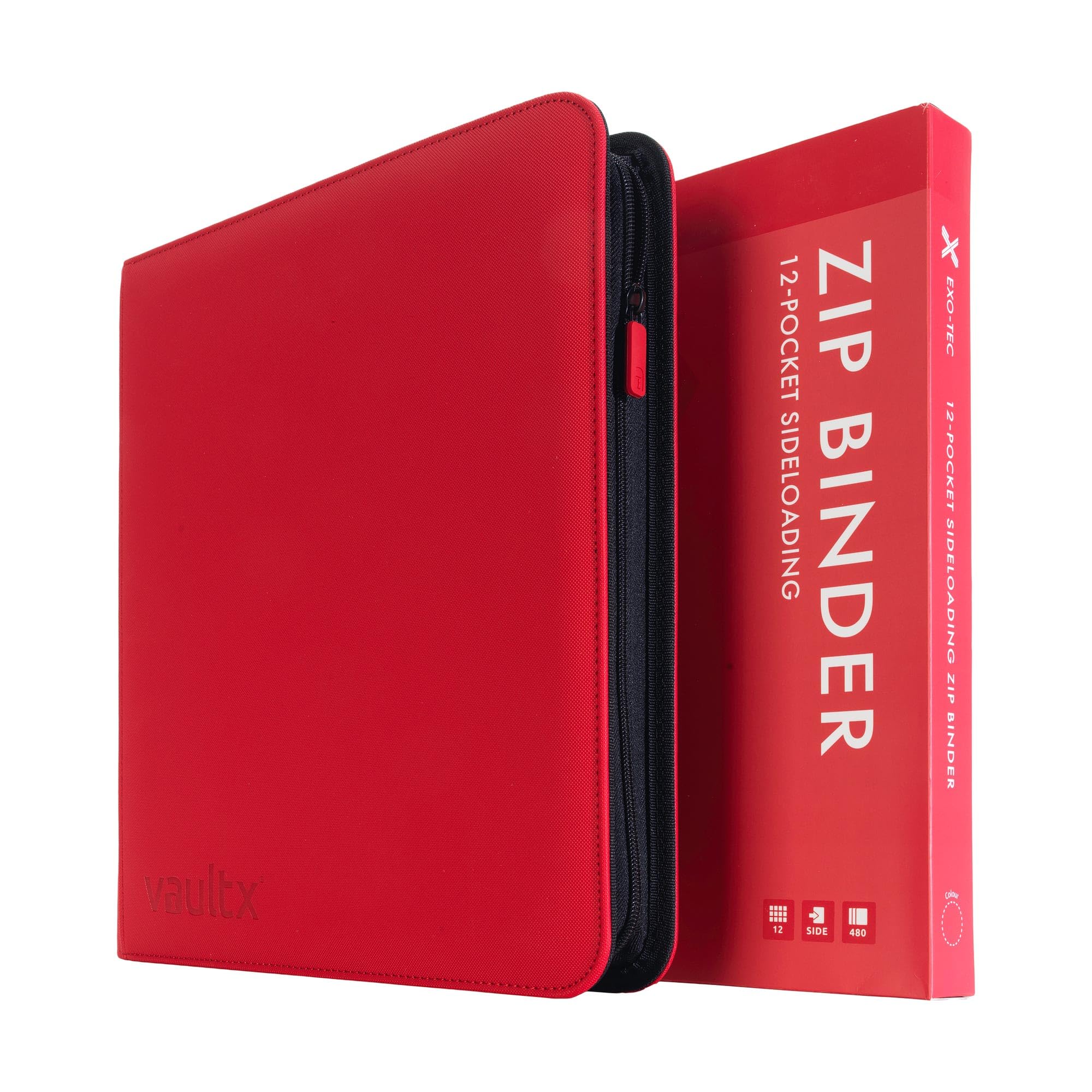 Vault X 12 Pocket Trading Card Zip Binder - 480 cards, Premium Exo-Tec Album Material, 20 Side-Loading Pages, Folder for Collectible Card Games, Sports, TCG (Red)
