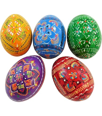 Ukrainian Hand-Painted Wooden Easter Eggs - Set Of 4 Pysanky In Beautiful Tapestry Pouch