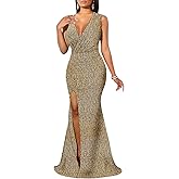 Women's Formal Long Sleeve Sparkly Maxi Dress V Neck High Slit Wrap Sexy Gown Cocktail Glitter Maxi Long Dresses