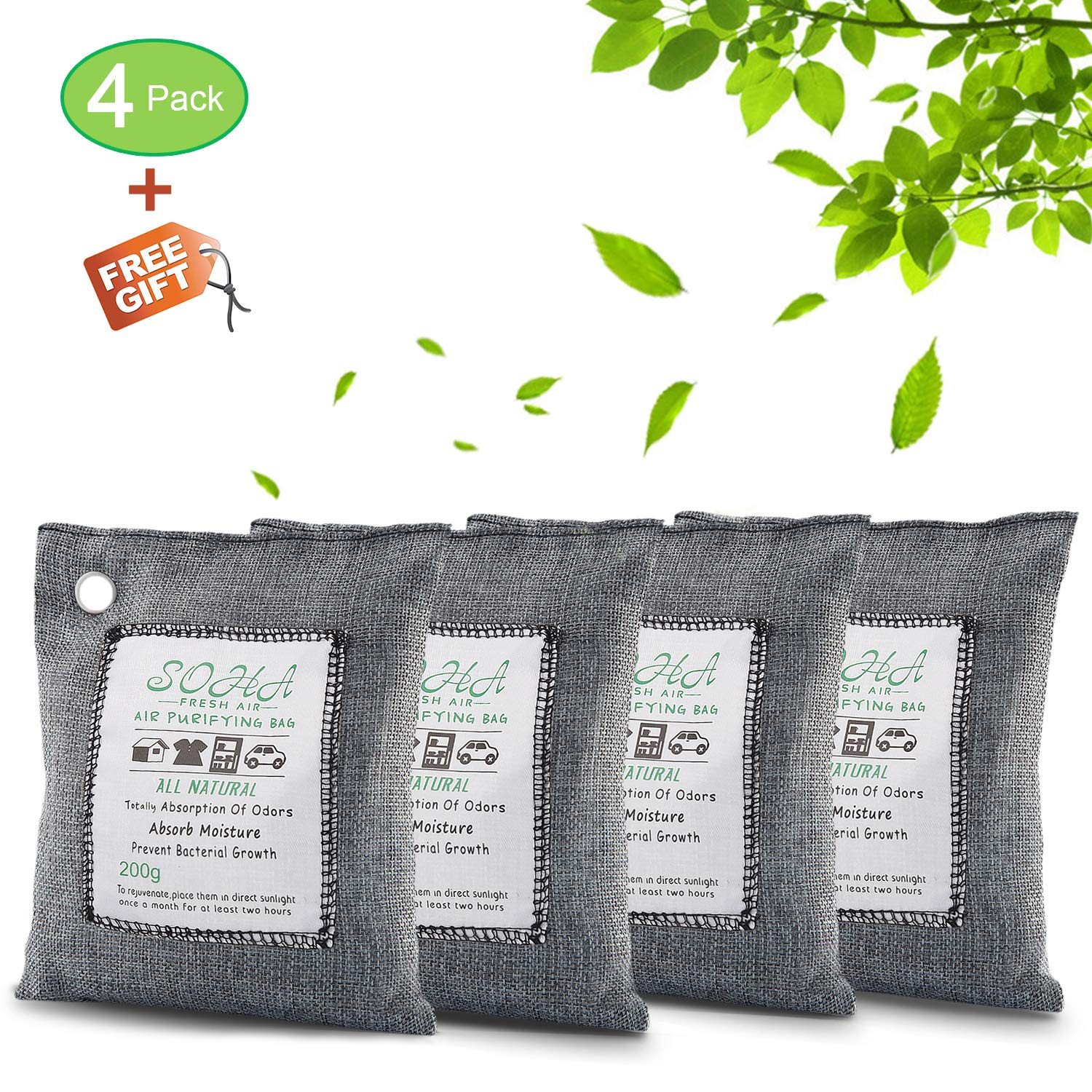 SOHA Fresh Air Nature Fresh, Natural Fresh Bag Absorbs Odors, Allergens And Harmful Pollutants, Charcoal Bag Charcoal Bags For Odors, Home, Cars, Shoes And Closets, Air Purifying Bag 200G 4Pack