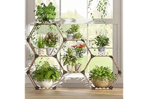Tikea Plant Stand Indoor Outdoor Hexagonal Plant Stand for Multiple Plants Indoor Large Wooden Plant Shelf 7 Tiered Creative DIY Flowers Stand Rack for Living Room Balcony Patio Window