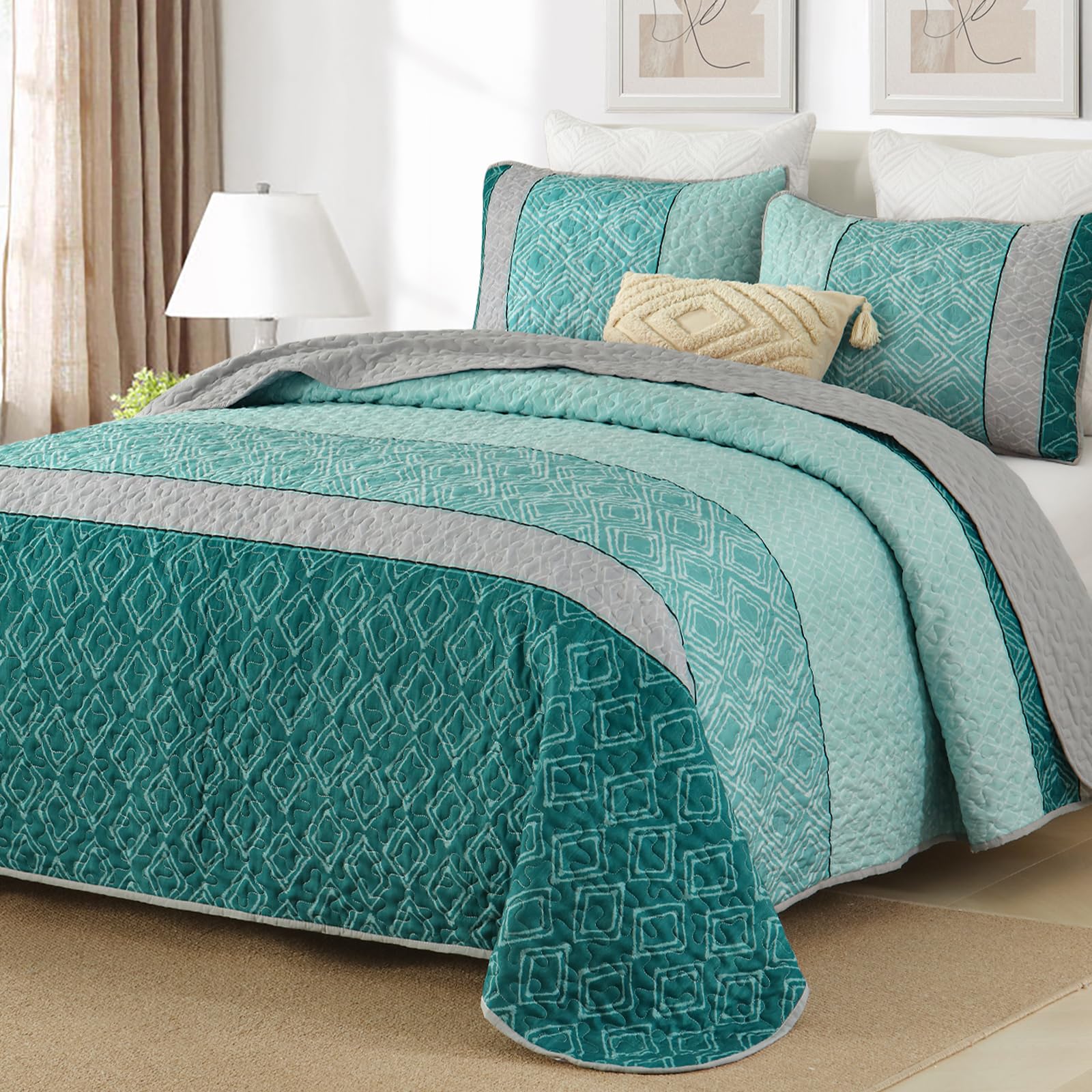 Photo 1 of Cottolester Boho Quilt Set California King Size 3 Pieces,Teal Striped Plaid Bedspread,Soft Microfiber Bedding Set with 2 Pillow Shams 112"x96"