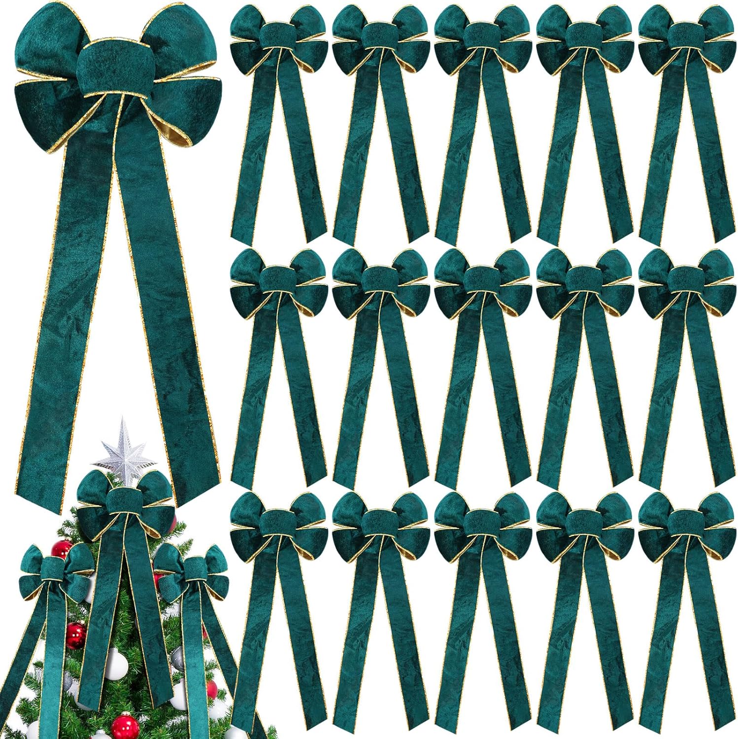 Bows & Ribbons - Craftsatin 16 Pcs Large Christmas Bows with Coloured Edge 9 x 26 Inch Xmas Wreaths Bow for Tree Topper Fireplace Home Front Door Outdoor Wall Decoration Ornament (Green,Velvet)