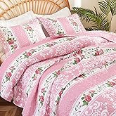 EVENHUG Floral Quilts Set Queen Size 3 Piece Pink Bedding Set Reversible with 2 Pillow Shams Bedspread Coverlet Lightweight Soft Bed Cover for All Season(92"X96",Pink)