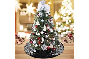 yuboo Mini Black Halloween Tree Skirt, 24 inch Miniature Sequin Christmas Tree Skirt Glitter Tree Ornaments for Pencil Slim Small Xmas Tree, Holiday Party Decoration Home Decor Tree Mat
