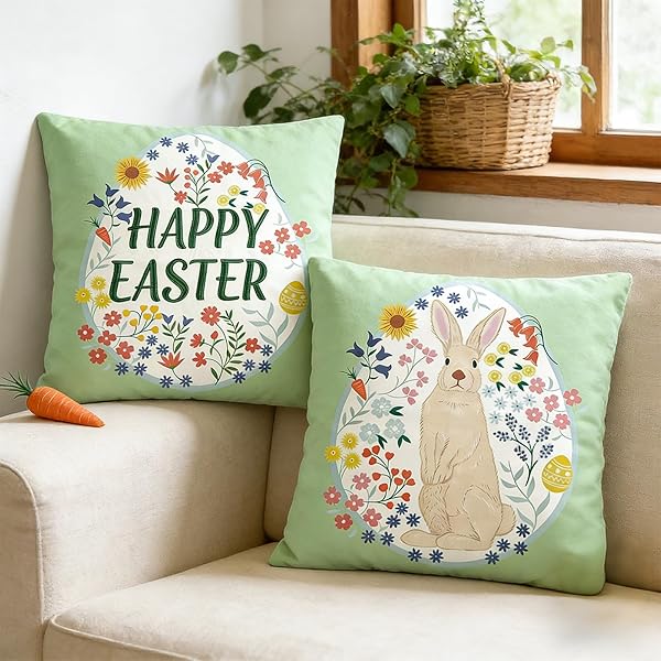 WDS WONDROUS EASTER PILLOW COVERS 18X18 INCH, SPRING THROW PILLOW COVERS SET OF 2, FARMHOUSE DECORATIVE LUMBAR PILLOWS CASE FOR COUCH, SOFA, LIVING ROOM, HAPPY EASTER HOME DECOR