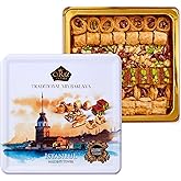 Cerez Pazari Baklava Pastry Gift Set - Turkish Baklava Pastry With Nuts &amp; Spices - Baklava Gift Box From Turkey - Pastry, Halal Snacks - Assorted 45-48 Pieces Per Metal Dessert Box - 1.32 lbs