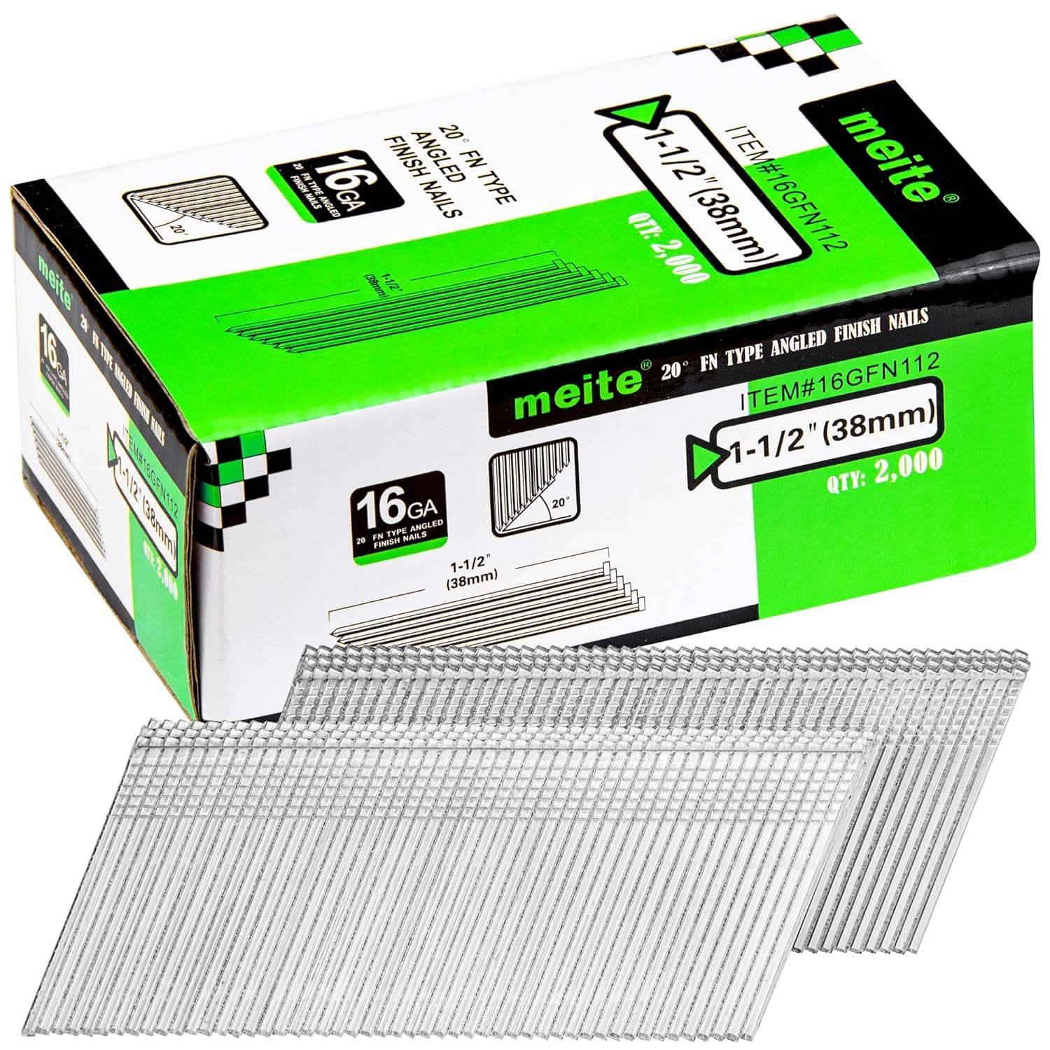 meite 16 Gauge Angled Finish Nails, 38mm Galvanised Angled Nails for Finish Nail Guns, 16GA 20 Degree Angled Nails for Carpentry & Interior Trim – 2,000 Pack