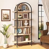 Yusong Bookshelf Rattan 5 Tier Arched Bookcase, 74" Tall Industrial Open Book Shelves for Living Room, Modern Freestanding Display Shelving Boho Storage Rack with Metal Frame for Office, Brown