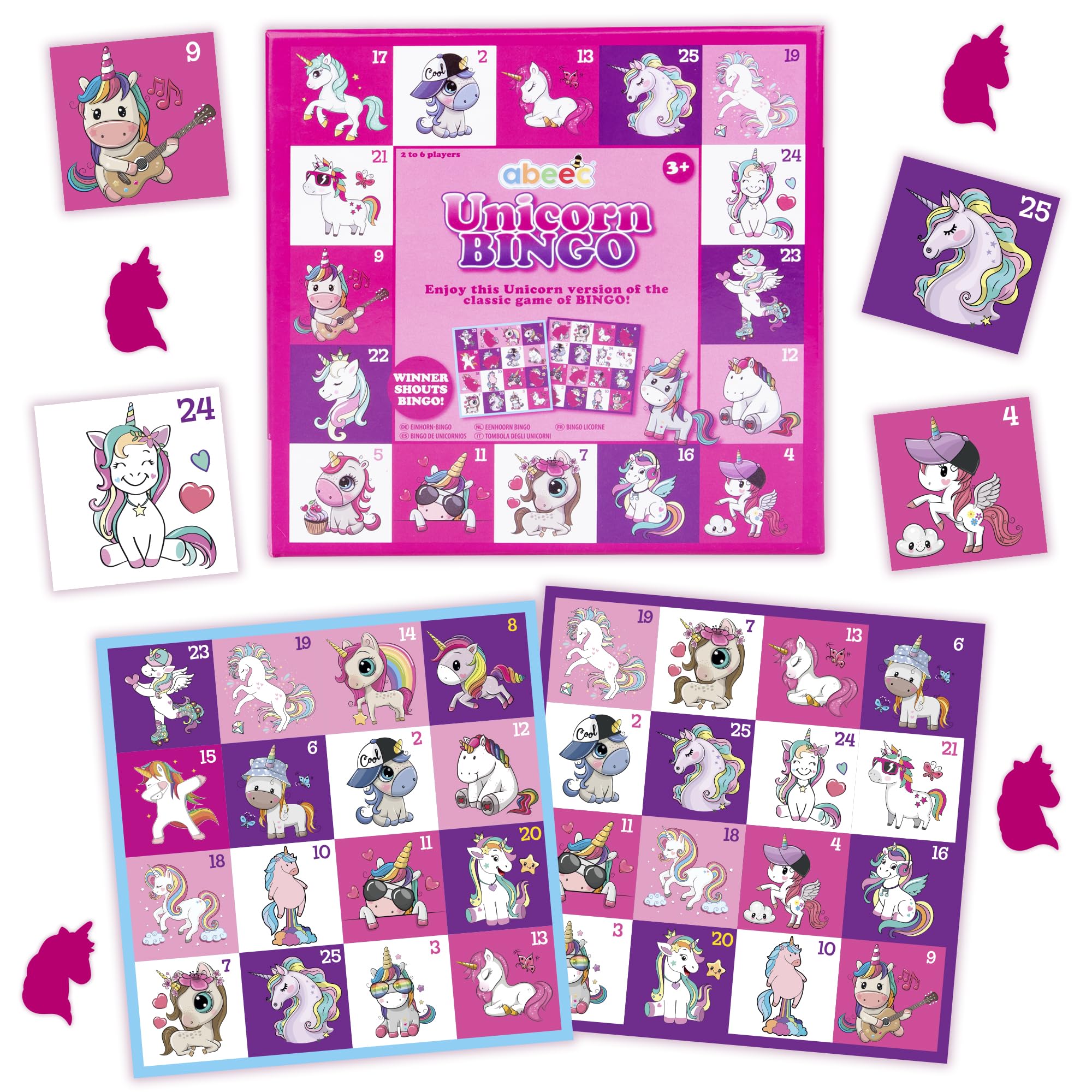 abeec Unicorn Bingo Game – Magical Kids Board Game Age 5+ – Includes Bingo Boards, Call Out Cards, Counters & Storage Bag – Fun Unicorn Birthday Party Game