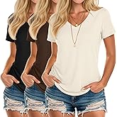 Riyiper 3 Pack Women's V Neck T-Shirts Short Sleeve Loose Fit Tops Casual Basic Trendy Straight Hem Plain Tees