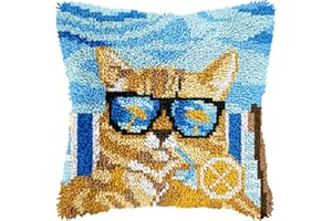 veirousa Orange Cat Latch Hook Kits for Adults, Beginners DIY Hooked Pillow Kit Pre-Printed Pillowcase Hook and Latch Rug Kits Cross-Stitch Cushion Cover for Home Sofa Decoration 17x17 inch