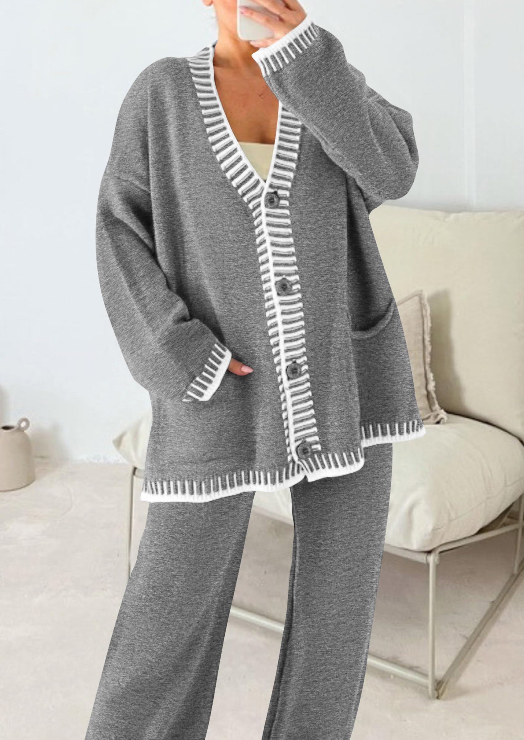 PRETTYGARDEN Women's 2 Piece Outfits Knit Matching Lounge Sets Long Sleeve V Neck Cardigan Sweaters Wide Leg Pants Tracksuits (Grey,Large) - Image 8