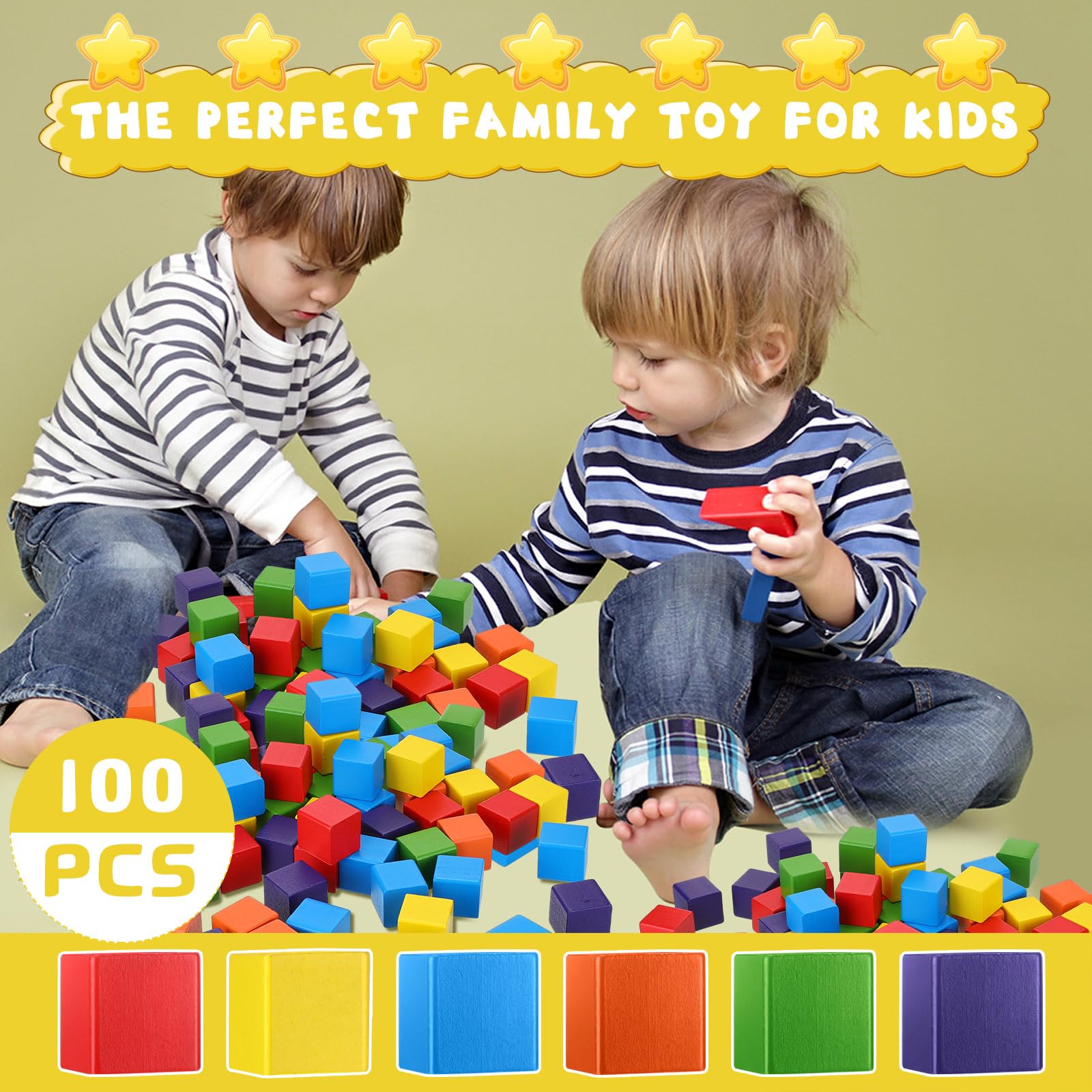 Libima 100 Pcs 1.2 Inch Wooden Building Blocks Stacking Game, Rainbow Wood Blocks Set Square Colorful Wooden Cubes Counting Large Learning Educational Toys for Math Boys Girls