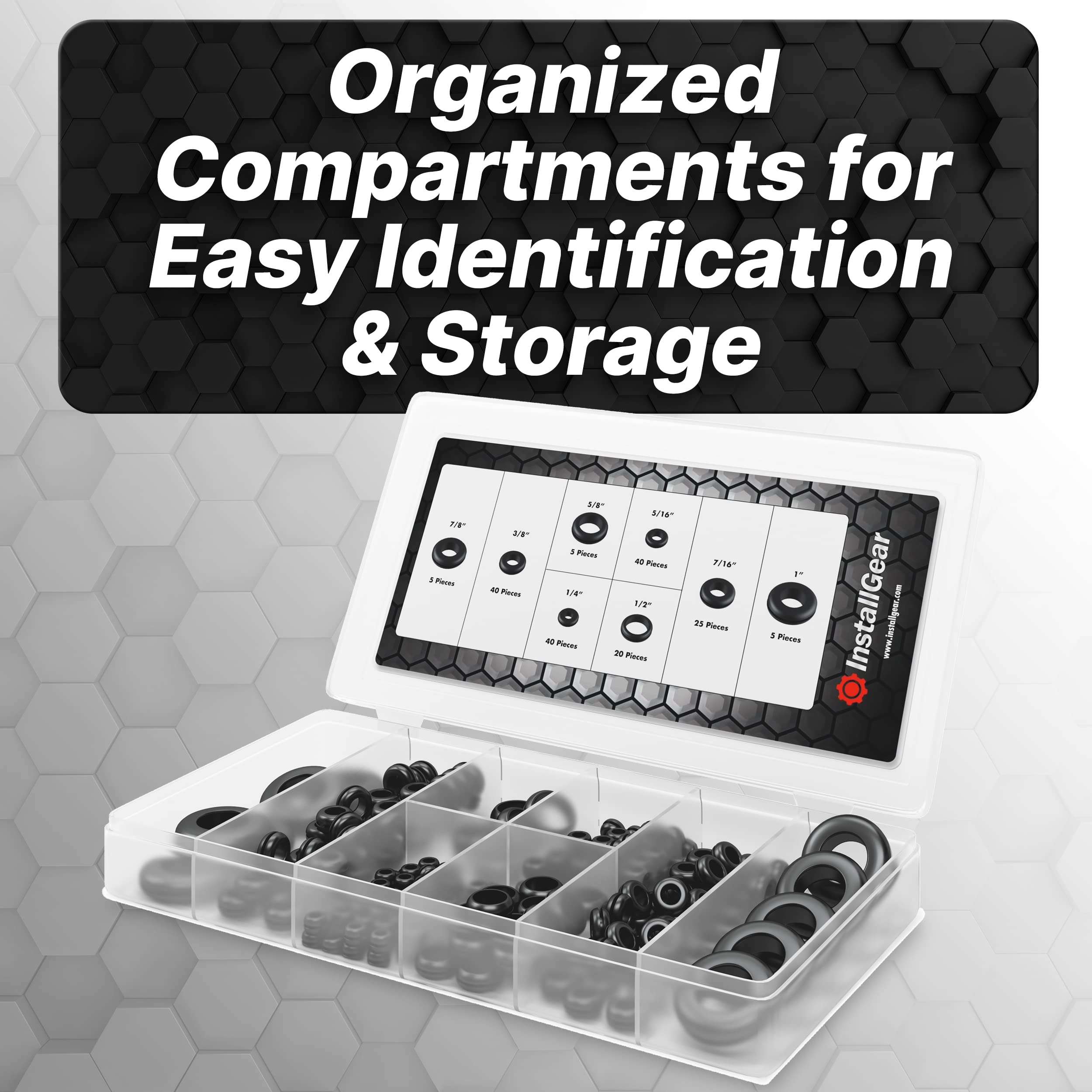 InstallGear 180pc Assorted Rubber Grommet Kit 8 Sizes (1/4", 5/16", 3