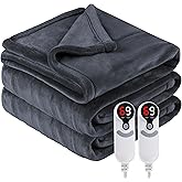 Eydna Electric Heated Blanket Queen Size 84"x90", Soft Plush Microplush for Bed, Dual Controllers & Heating Zones, 1-10Hs Auto Off & 6 Heating Levels, Machine Washable, Gifts for Family-Dark Gray