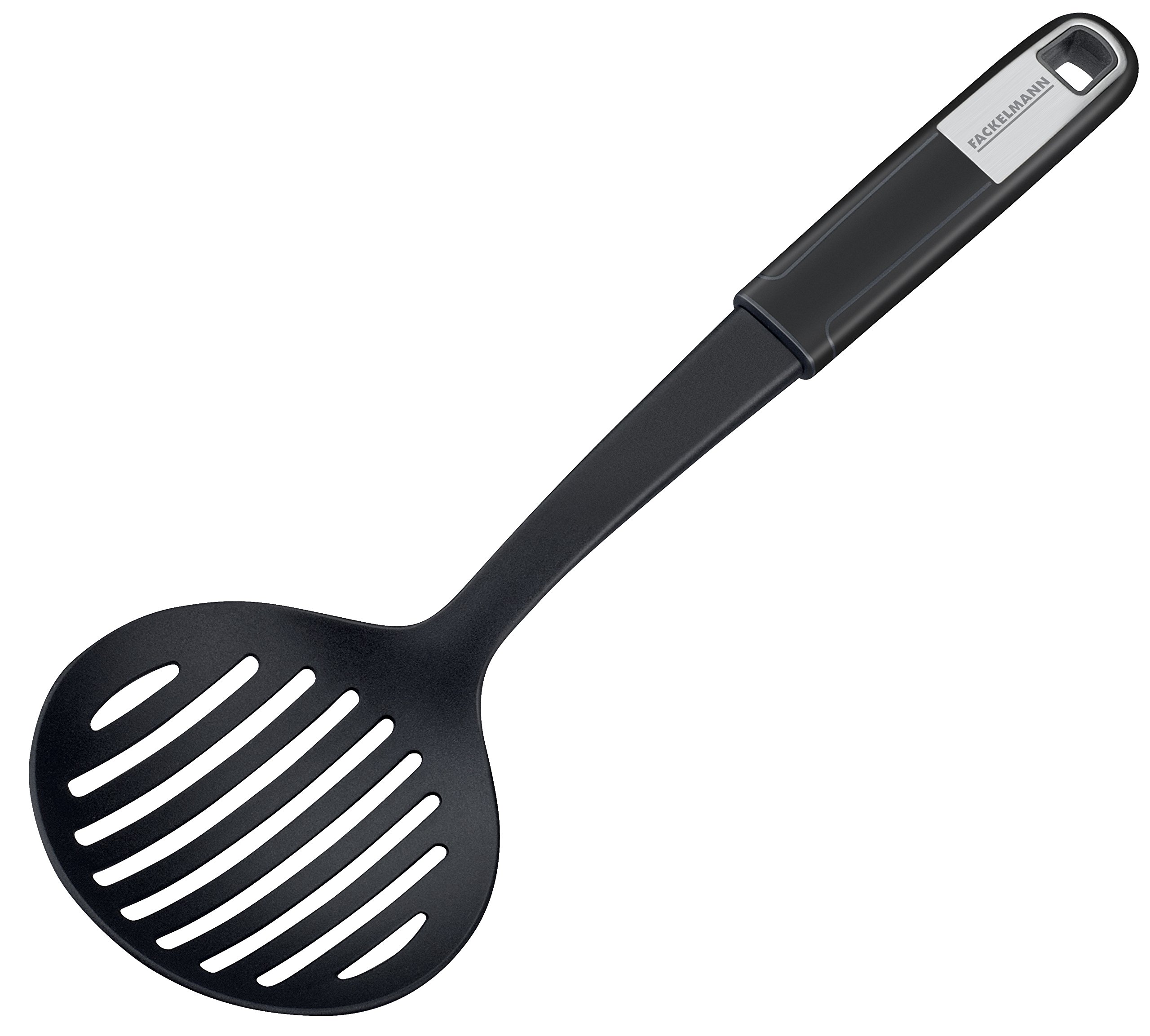 Fackelmann Sense 32cm Strainer Ladle Plastic Non-Slip Soft Touch Handle Kitchen Tool for Coated Pans and Pots (Color: Silver/Black), Quantity: 1 Piece