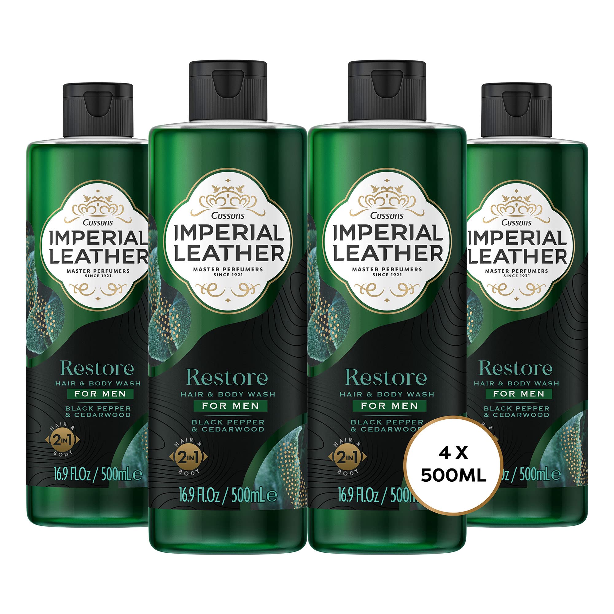 Imperial Leather Men Restore Shower Gel 2in1 Body Wash, Black Pepper and Cedarwood, Vegan and Cruelty Free, Bulk Buy, Pack of 4 x 500 ml