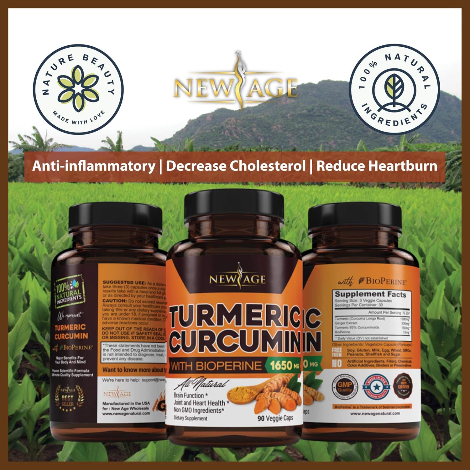 Turmeric Curcumin with Bioperine 1650mg by New Age - 2 Pack - Premium Joint & Healthy Inflammatory Support with 95% Standardized Curcuminoids. Non-GMO, Gluten Free Capsules with Black Pepper: Health & Personal Care