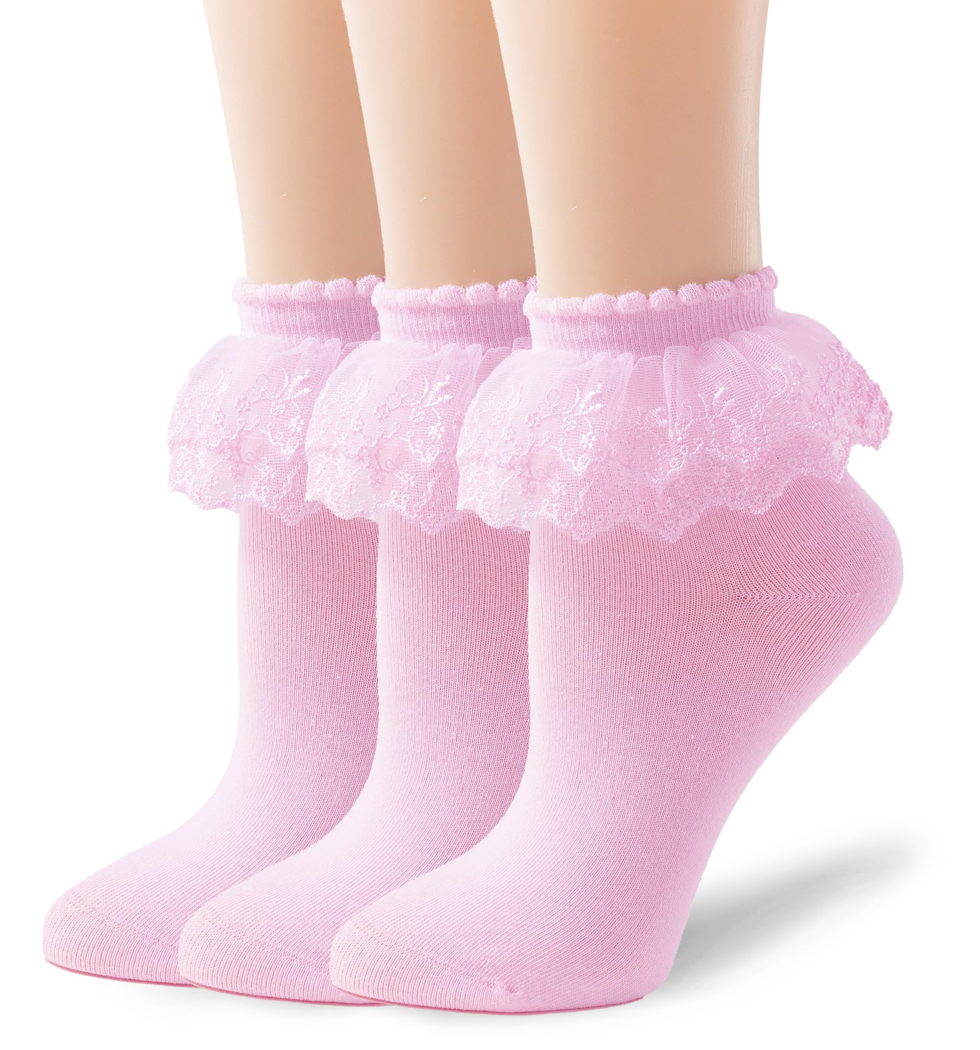 Photo 1 of TZYDMN Women Double Layer Ruffle Ankle Socks, Lace Trim Princess Dress Socks 3 Pairs (Pink)