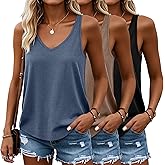 Huukeay 3 Pack Women's Tank Tops V Neck Racerback Tops Loose Fit Casual Sleeveless Tee Summer Workout Yoga Athletic Shirts(Black, Haze Blue, Light Coffee,XX-Large)