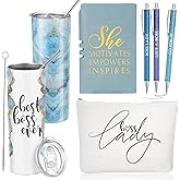 Domensi 6 Pcs Best Boss Birthday Gift Set Thank You for Women Boss Day Appreciation Day Gift 20oz Rustic Marble Sign Tumbler Makeup Bag A6 Notepad with Ballpoints Leader Manager Supervisor(Blue)