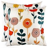 Kokaaee Embroidered Throw Pillow Covers 18x18 Inch - Set of 2 Summer Decorative Pillow Covers with Zipper Aesthetic Cute Design Throw Pillowcases for Couch Sofa Bed, Plants