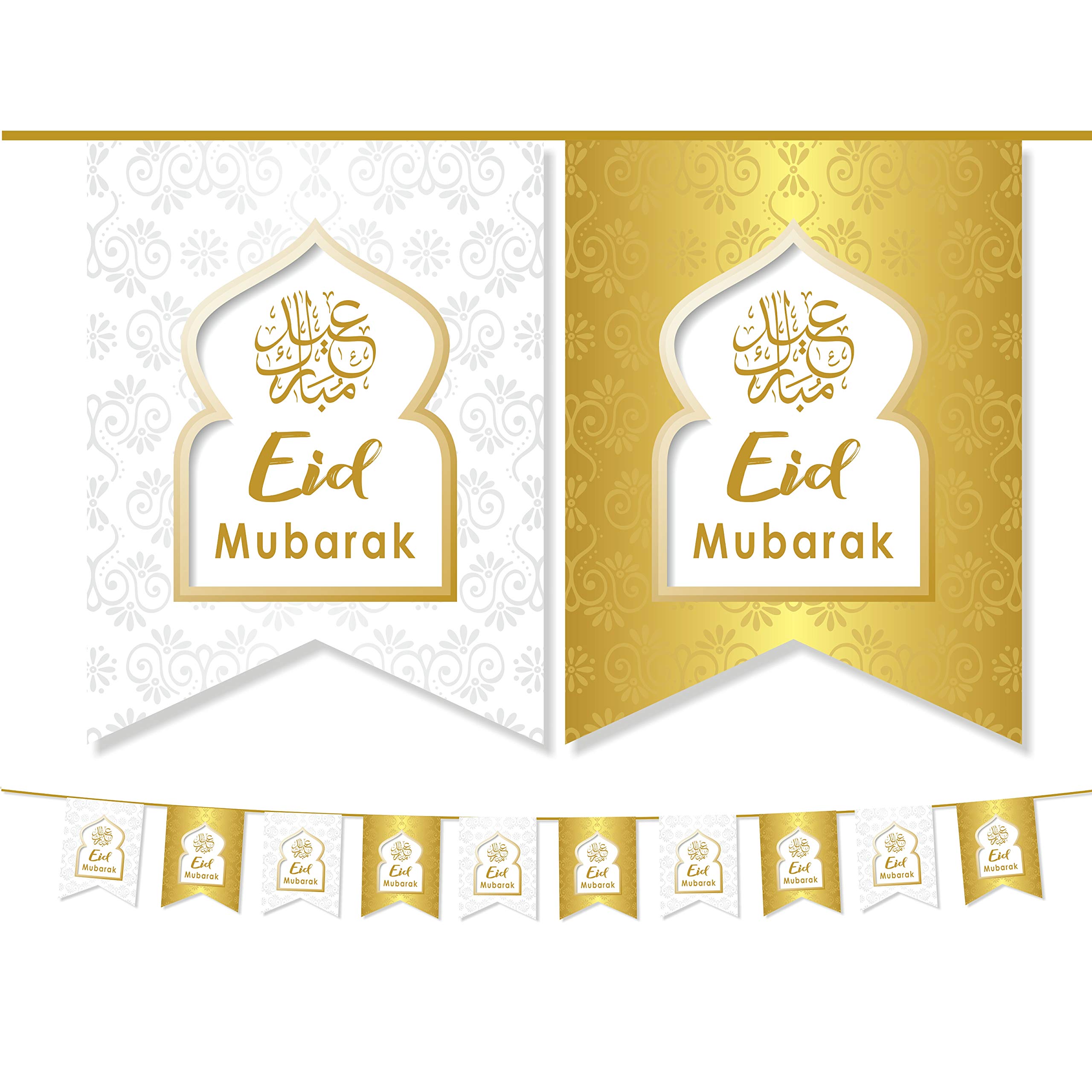 Eid Mubarak Bunting Party Flags - Eid Decorations (10 Flags) - Blue Gold Black Silver AG (White & Gold)