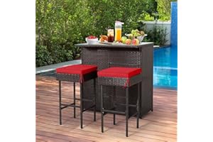 RELAX4LIFE RELAX4FLIE 3-Piece Outdoor Bar Set, Patio Wicker Bar Height Table and Chairs Set with Cushioned Stools 2 Open Shelves & Glass Table Top, Rattan Bar Table Set for Poolside, Garden and Backyard (Red)