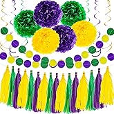 32PCS Mardi Gras Decorations Party Favors Supplies, Mardi Gras Decor Props Backdrop, Hanging Swirl Tissue Paper Pom Poms Garland Flowers for Birthday Baby Shower