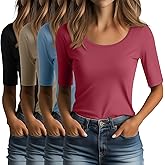 Ficerd 4 Pack Women's Scoop Neck Stretchy Tops Half Sleeve Slim Fit T-Shirts Tight Casual Basic Summer Tees