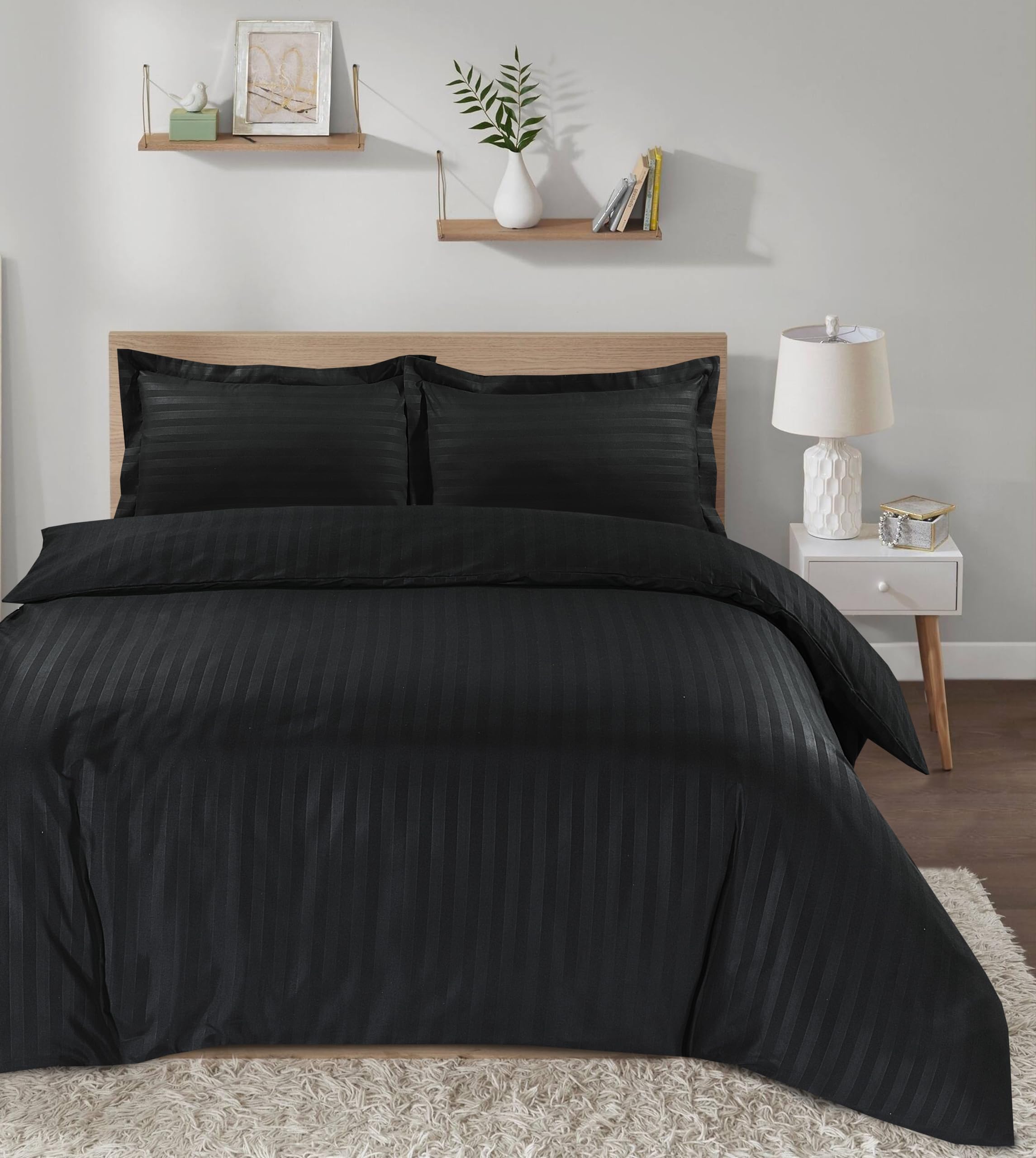 Casabella Satin Stripe Duvet Cover Sets, Luxurious Double Black Bedding with Satin Stripes,Double Duvet Cover Set,Hotel Quality Double Duvet Set & Pillowcases, Black Duvet Cover
