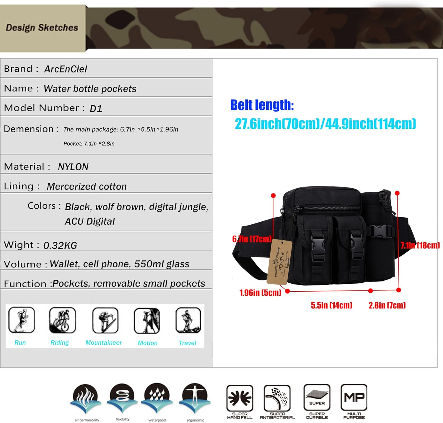 ArcEnCiel Tactical Waist Bag Waterproof Bum Bag Military Waist Utility Belt Water Bottle Pouch Pack for Trekking Hiking Walking Bike Cycling Climbing (Black) : Sports & Outdoors