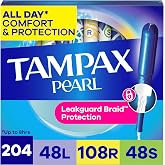 Tampax Pearl Plastic Tampons for Women Multipack, with LeakGuard Braid, Light/Regular/Super Absorbency, Unscented, 204 Count (6 Packs of 34)