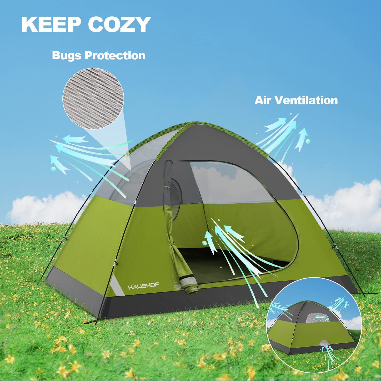 HAUSHOF 2/4-Person Family Dome Tent with Removable Rain-Fly, Easy Set Up Portable Camping Tent for Backpacking Hiking Backyard Outdoor, Green/Blue/2-person/4-person